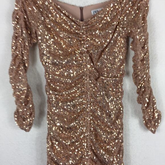 Zara Rose Gold Sequin Long Sleeve Ruched Mini Dress Small Cocktail Off Shoulder - Picture 9 of 16